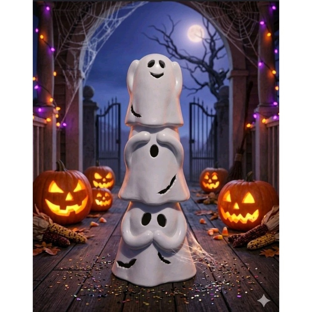 Halloween Goblin & Ghoul 3 Stacked Ghosts Light Up 14.5" Tall Figurine New